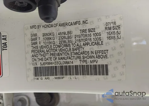 2016 Honda Cr-V Lx z USA, uszkodzony, nr VIN 5J6RM4H33GL098414